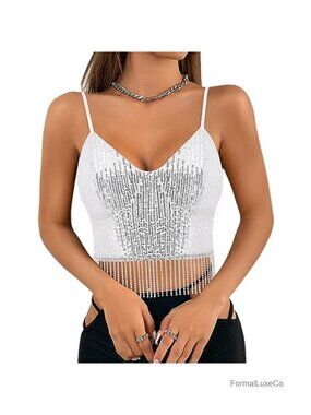 Sequin Spaghetti Strap Crop Tank Top Sleeveless V-Neck Rave Clubwear Shiny